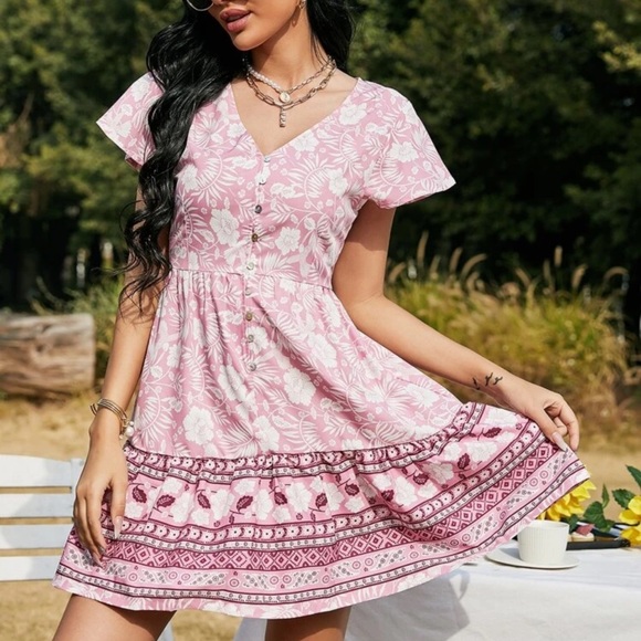 Button up boho gypsy floral print mini dress pink - Picture 11 of 12